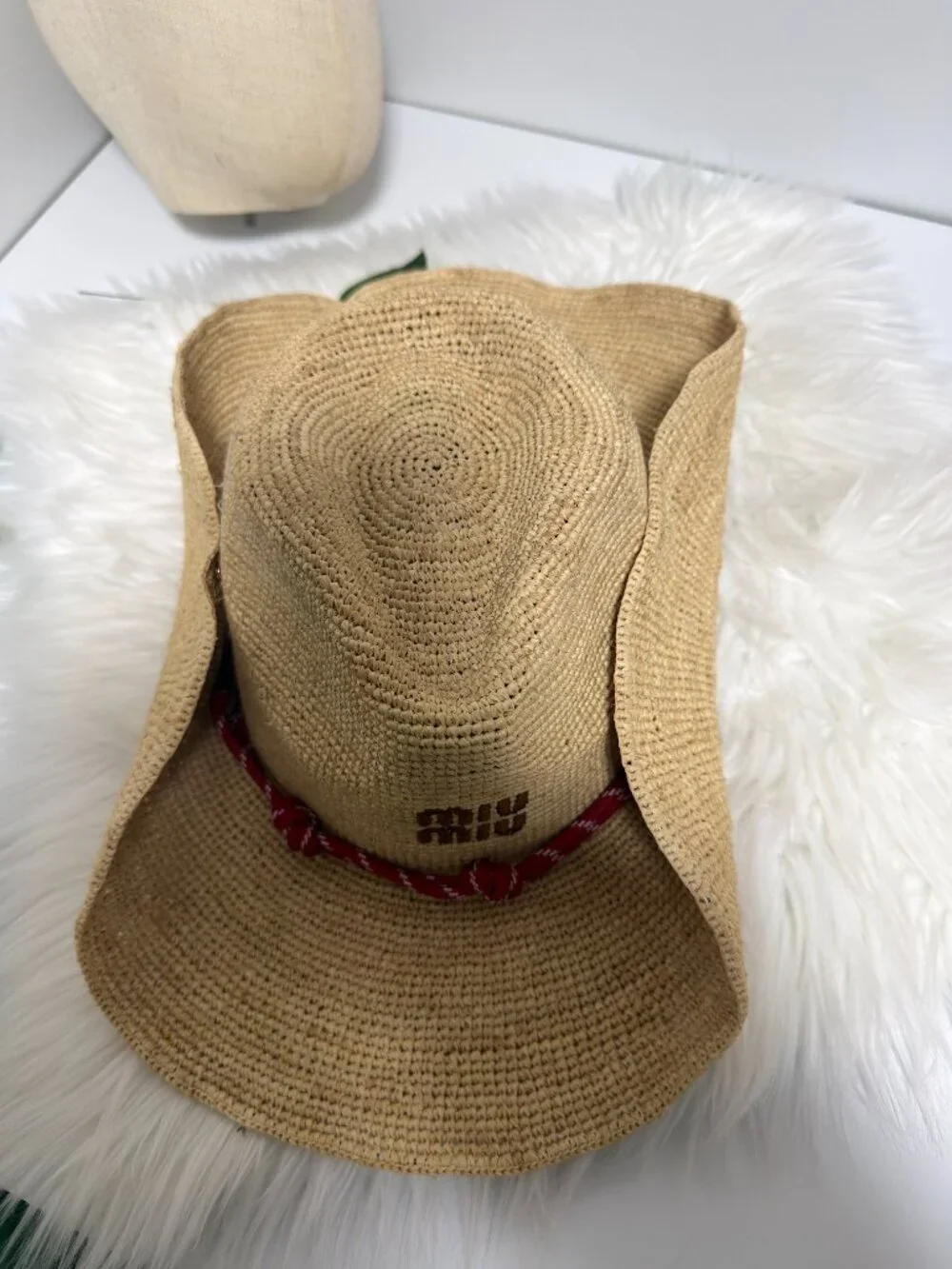 Miu Miu Natural Straw Hat with Red Rope Trim